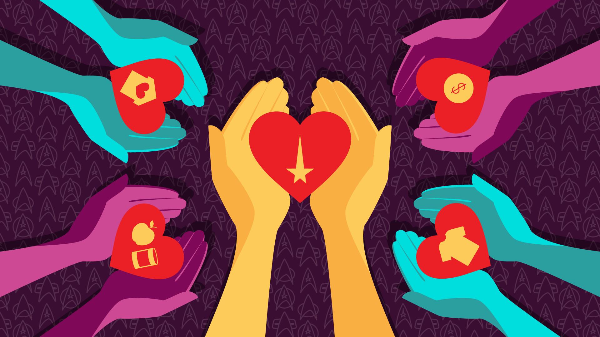 Illustration of hands cradling a heart with iconography of a home, money, clothing, food, and Star Trek delta