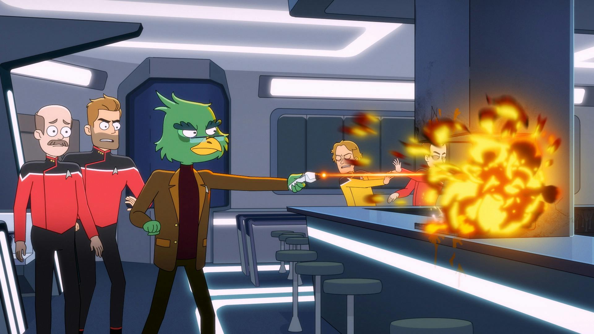 As two officers fight in the Cerritos' mess, Migleemo pulls out his phaser and blasts the replicator alarming Steve Stevens and Jack Ransom in 'Empathalogical Fallacies'