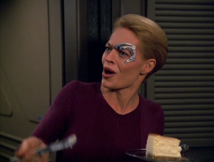 The Doctor in control of Seven of Nine's body enjoys the taste of cheesecake for the first time in 'Body and Soul'