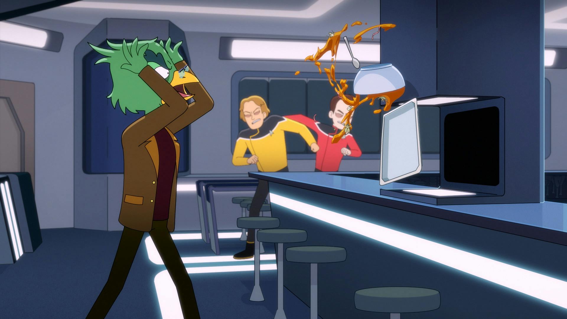 An aggravated Migleemo tosses his non-satisfactory soup at the replicator in the Cerritos' mess as two officers behind him fight in 'Empathalogical Fallacies'
