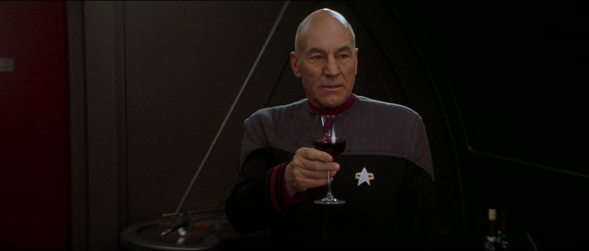 In Picard's quarters, he raises a glass to the crew among him (La Forge, Crusher, Worf, Troi, Riker) in a solemn tribute to their fallen friend Data in Star Trek Nemesis
