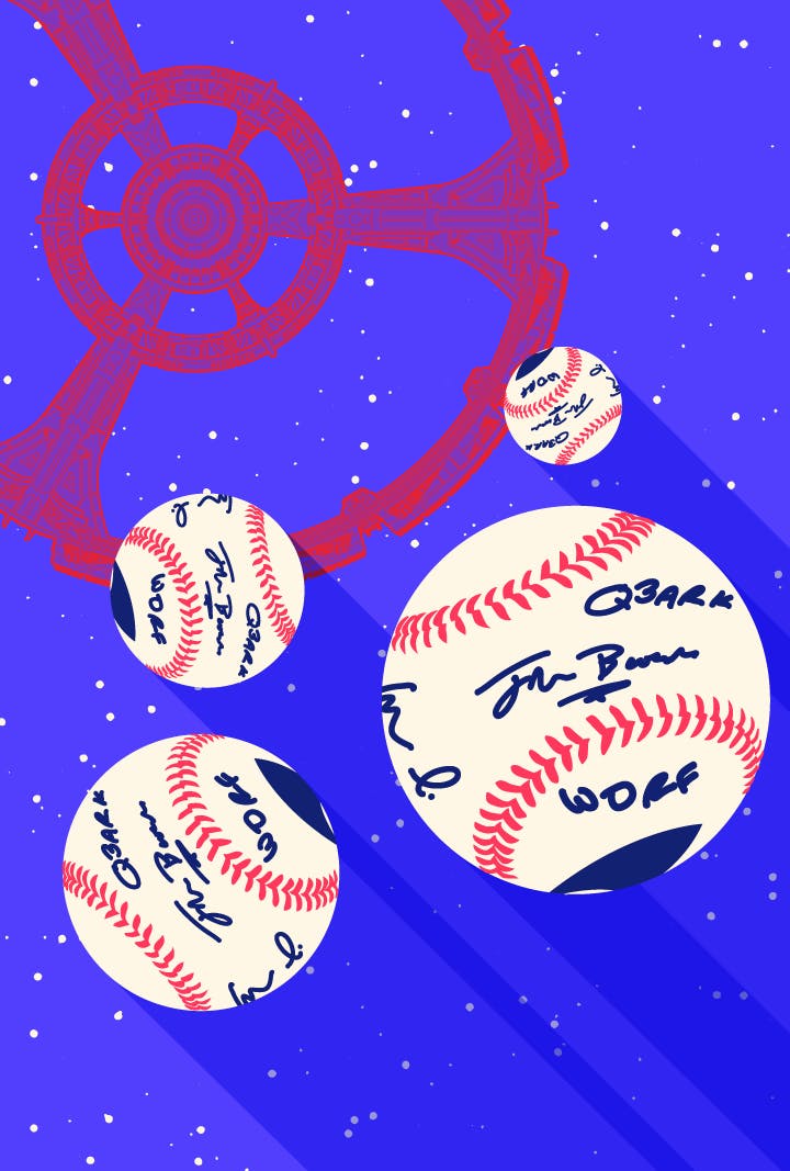 Illustrated banner featuring the Deep Space Nine space station and baseballs signed by the crew