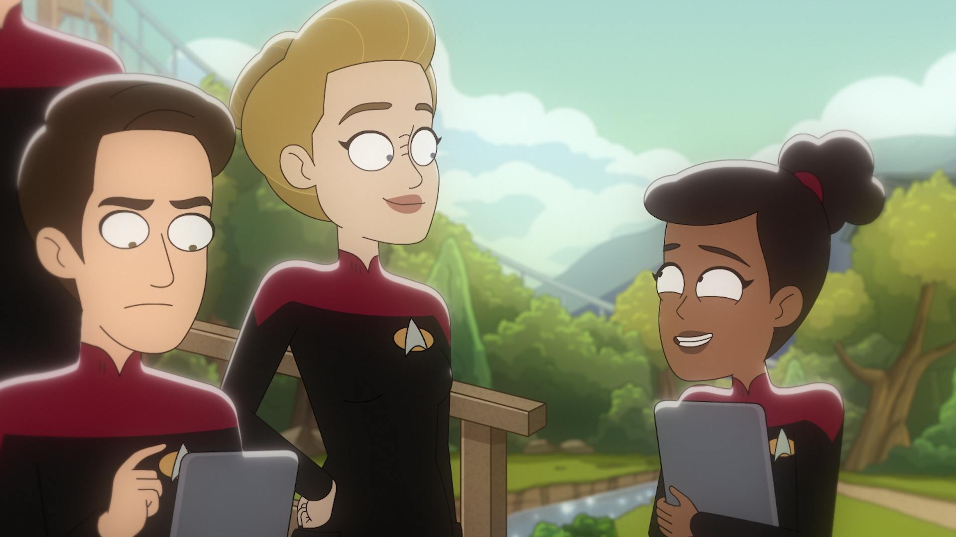 In a flashback on the grounds at Starfleet Academy, Cadet Mariner approaches Wesley Crusher and Sito Jaxa while clutching her PADD to her chest in 'Old Friends, New Planets'