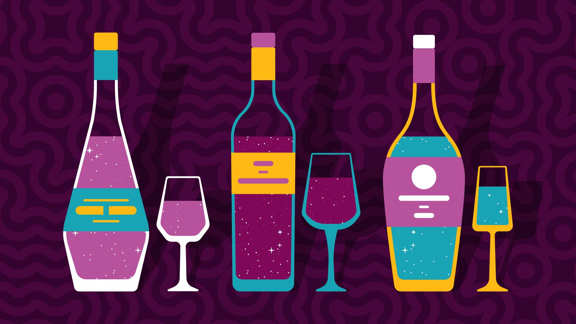 Graphic illustration of several wine bottles and glasses of wine
