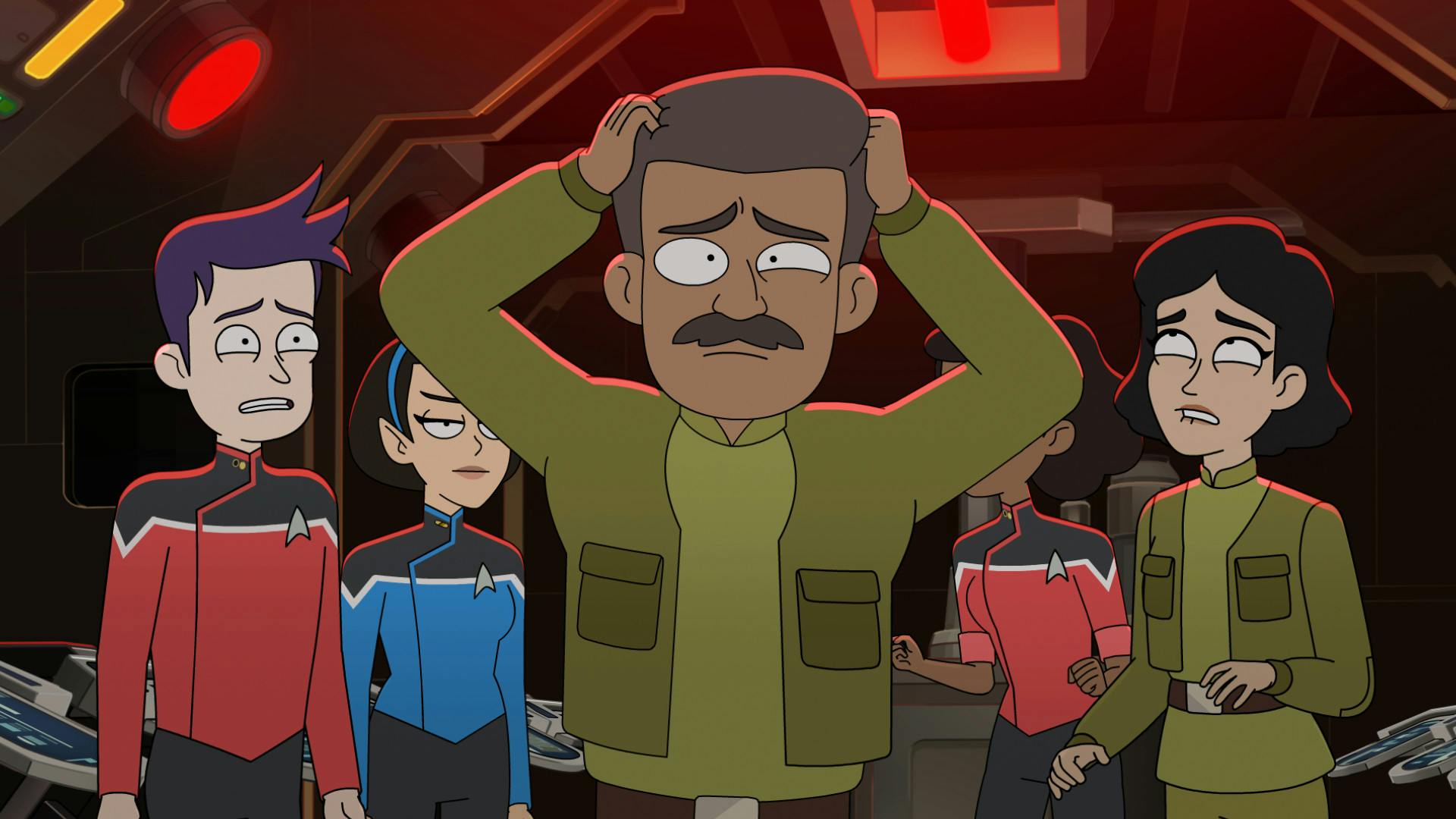 Two Outpost scientists are distressed with one raising his hands to his head as Boimler expresses worry and T'Lyn remains emotionless