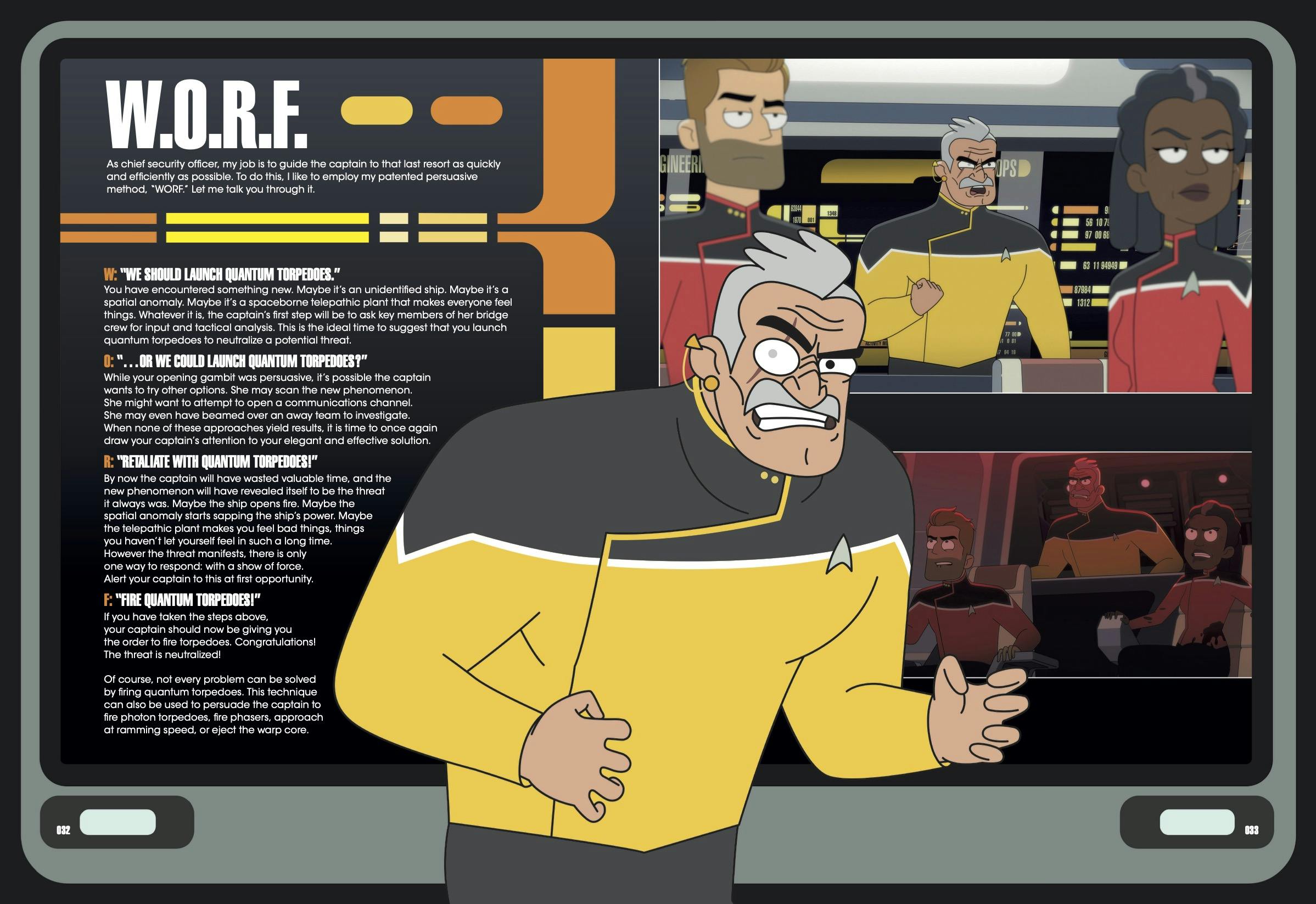 Interior page of 'Star Trek: Lower Decks - U.S.S. Cerritos Crew Handbook' featuring Shaxs' patented persuasive method 'W.O.R.F.'