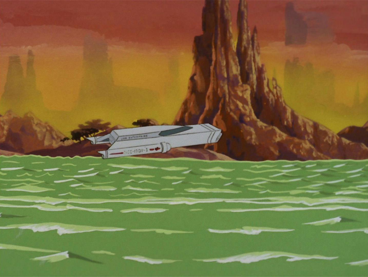 The Enterprise's aqua-shuttle hovers above the water in 'The Ambergris Element'