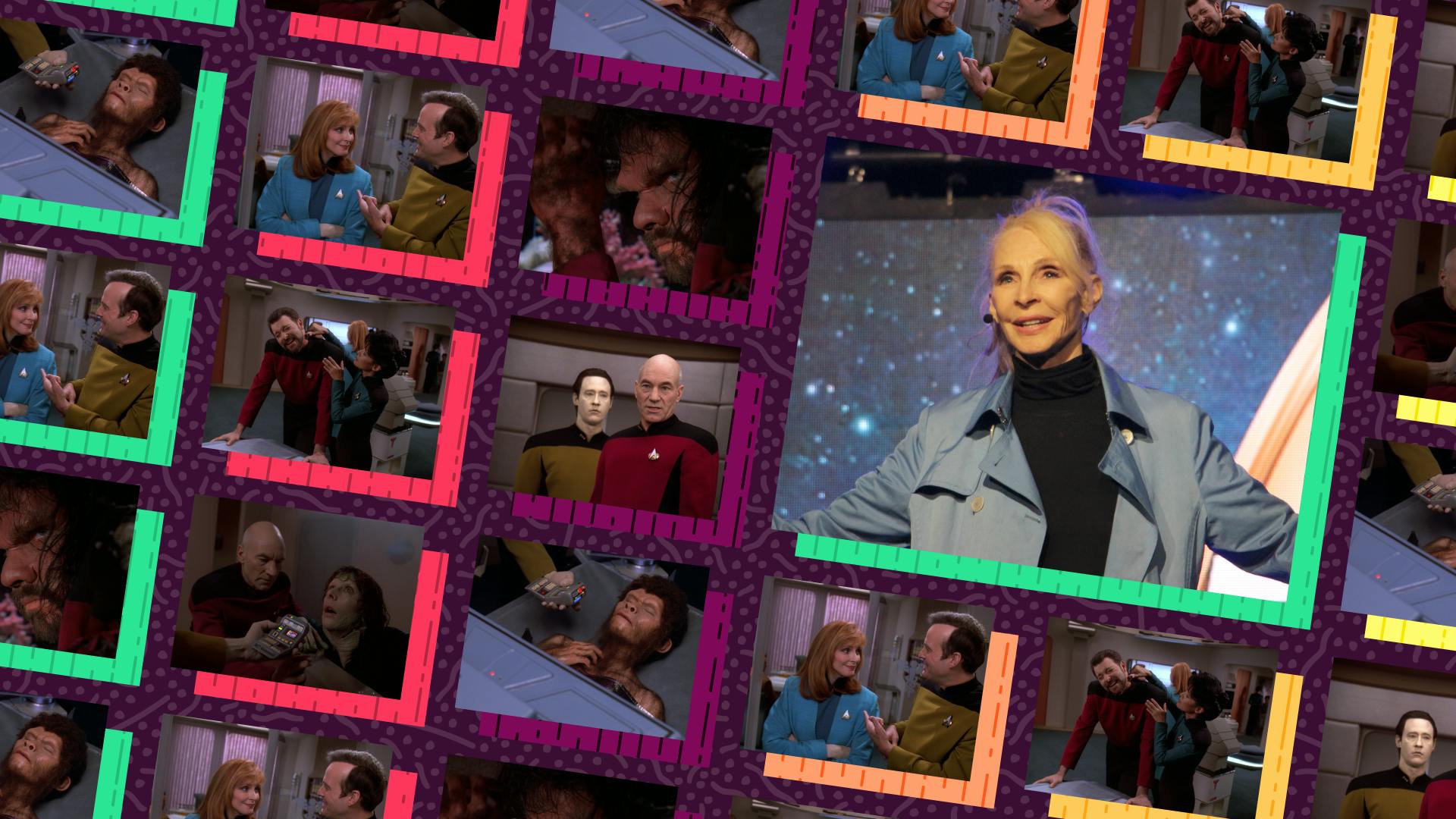 Episodic stills collage from Star Trek: The Next Generation's 'Genesis' and a photo of Gates McFadden onstage at Star Trek: The Cruise VII