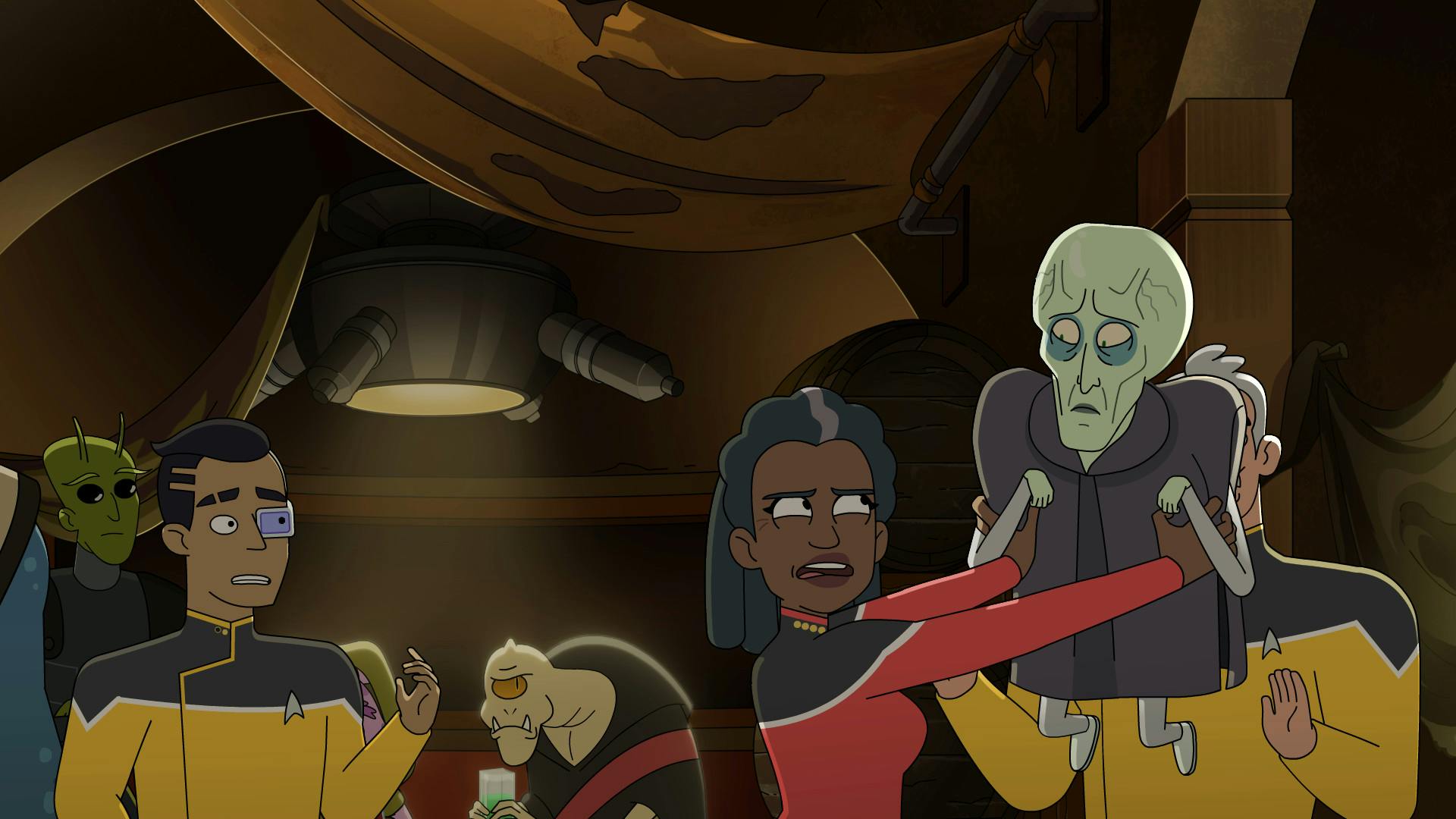 Freeman lifts the Information Broker believing him to be a puppet alien as Rutherford and the patrons of Mudd's Outpost wearily look over in 'The Inner Fight'