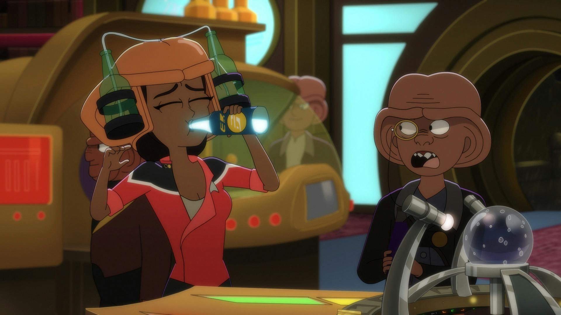 At the Ferengi Public Library bar and casino, Mariner sporting a beer helmet shaped like a Ferengi head chugs a drink while at the Dabo table as Quimp expresses alarm in 'Parth Ferengi's Heart Place'