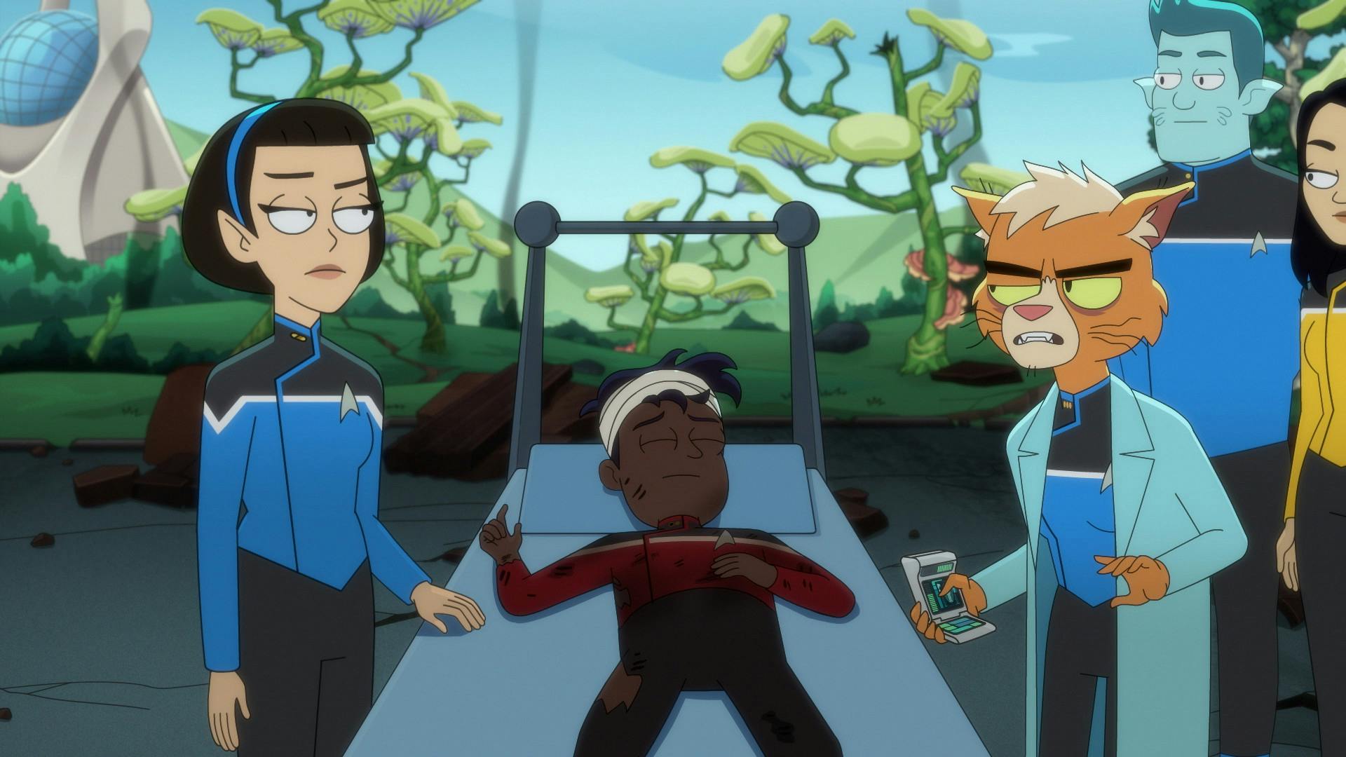 On Corazonia, an injured and burned Boimler lays on a stretcher surrounded by Dr. T'Ana, T'Lyn, and the ensigns from the away team in 'In the Cradle of Vexilon'