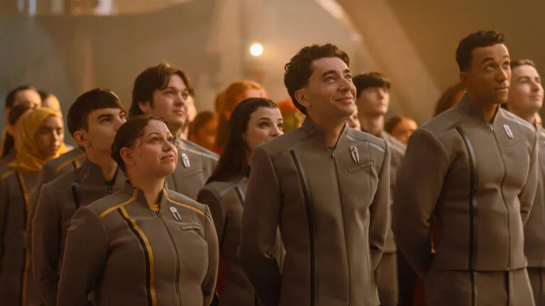 Romeo Carere as Ocam and Sandro Rosta as Caleb in Star Trek: Starfleet Academy Season 2