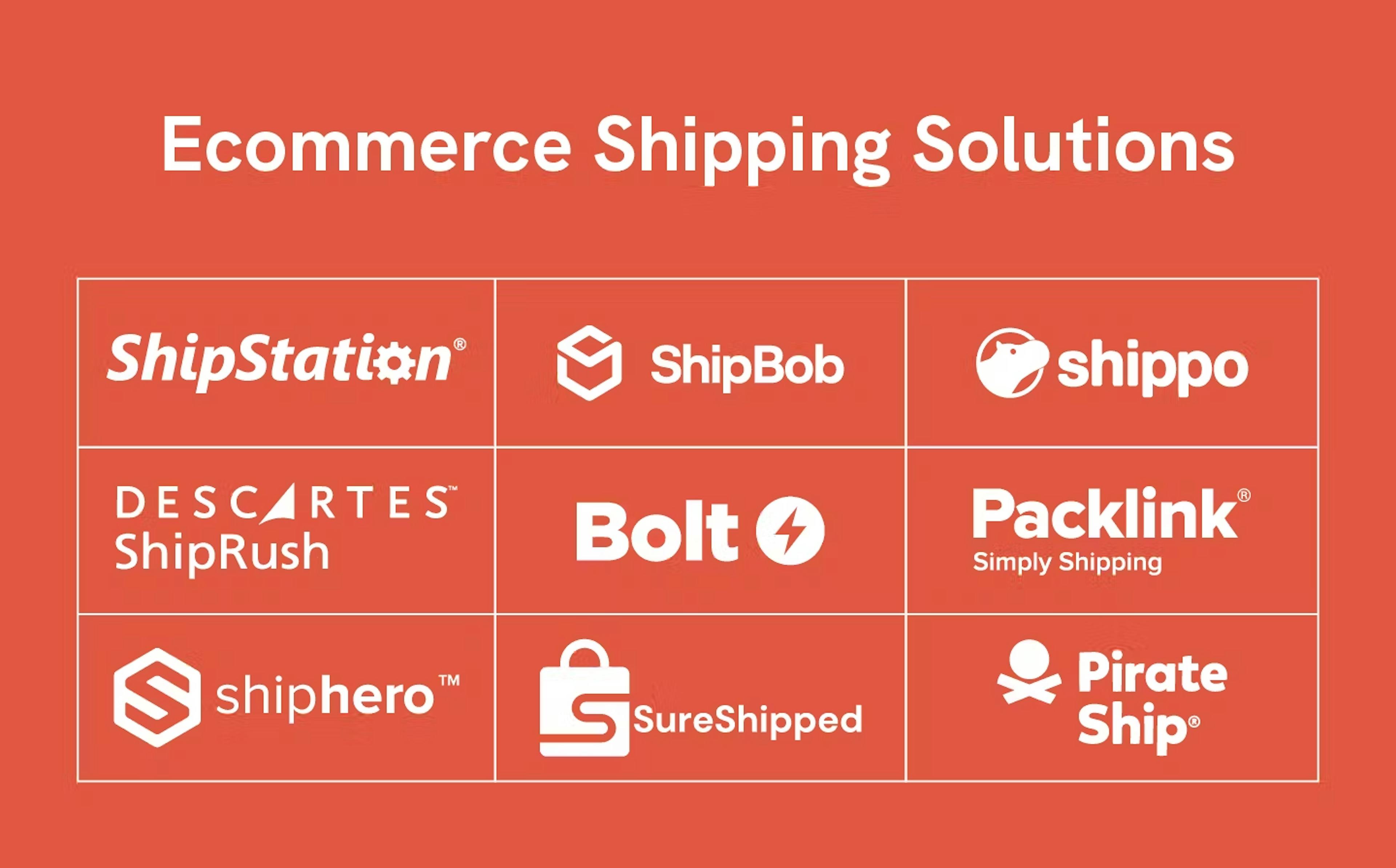 Chart featuring logos from ecommerce shipping solutions like ShipStation, ShipBob, Shippo, ShipRush, Bolt, Packlink, Shiphero, SureShipped, and Pirate Ship.