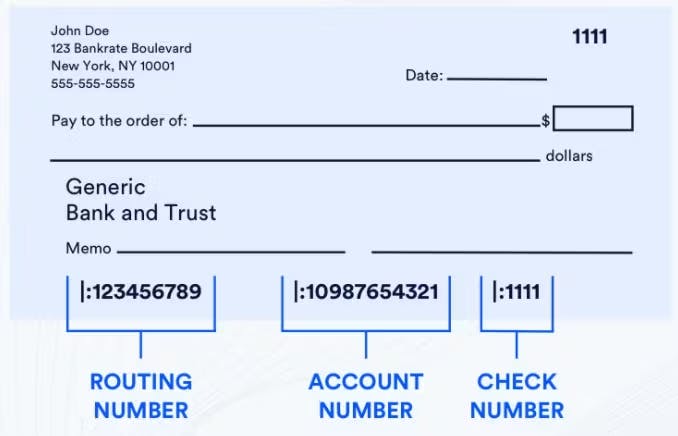 Image of a bank check with routing number highlighted for reference