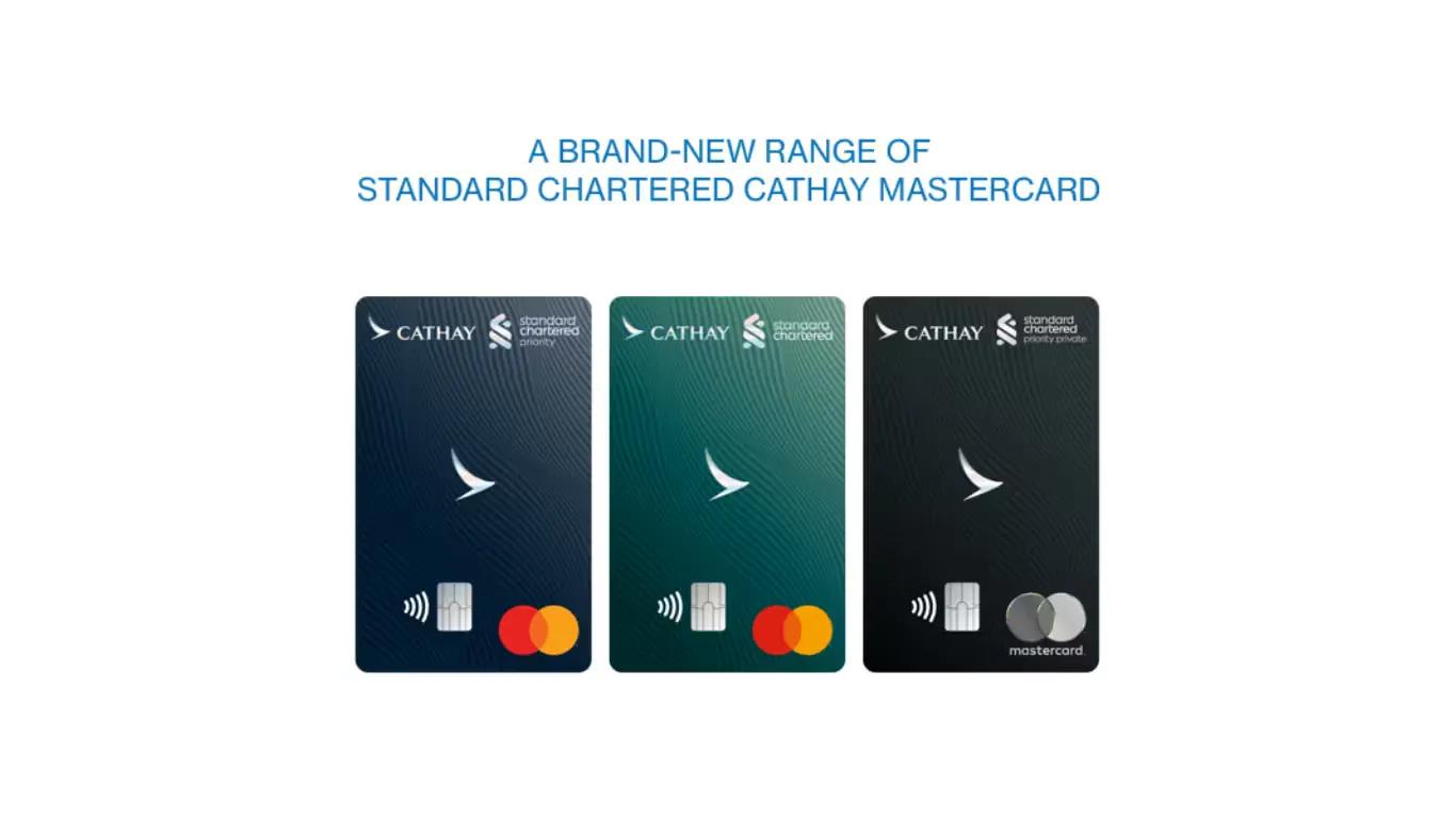 A picture of Standard Chartered Cathay Mastercard® in three versions, including Standard, Priority Banking, and Priority Private