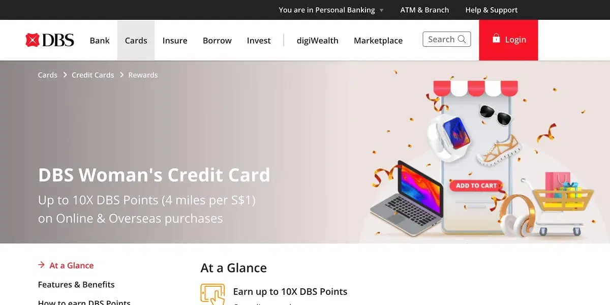 Screenshot of product page for DBS Woman's World Card