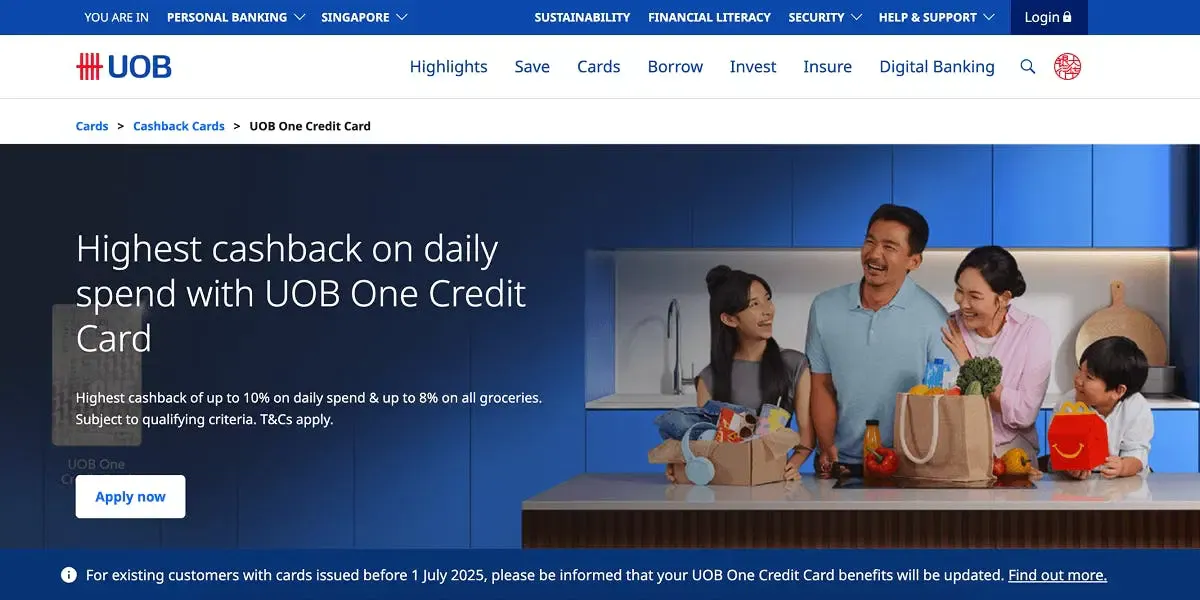 Screenshot of product page for UOB One Card