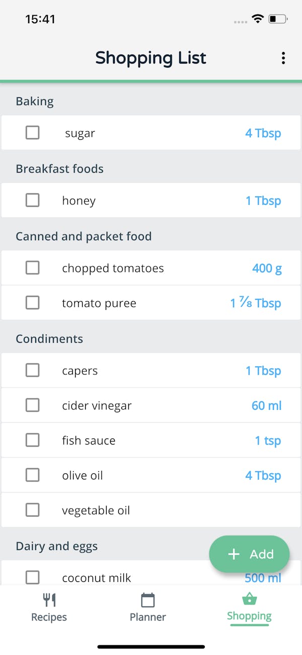 List of items on a Shopping list in Stashcook