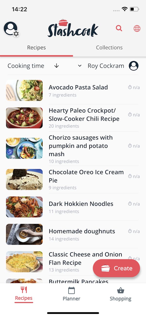 List of users recipes backed up to the cloud in Stashcook