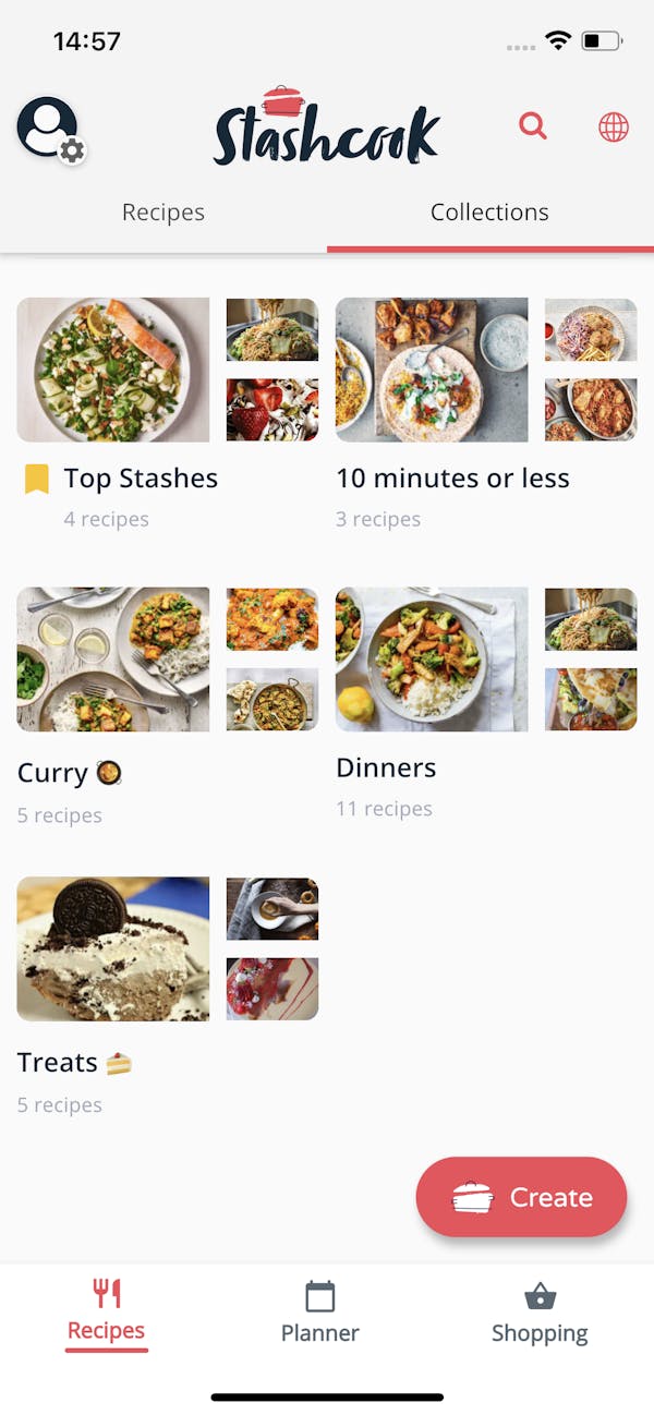 5 collection of recipes grouped by "Top Stashes", "15 minutes or less", "Curry", "Dinners" and "Treats"