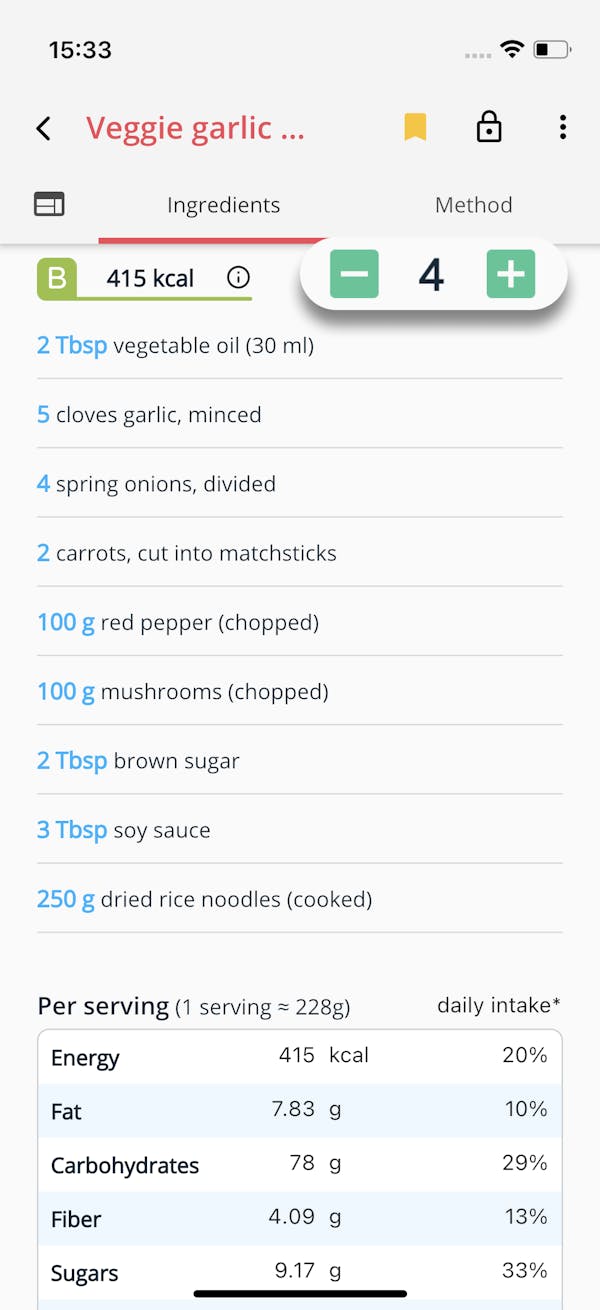 Recipe details highlighting the serving size changer in Stashcook