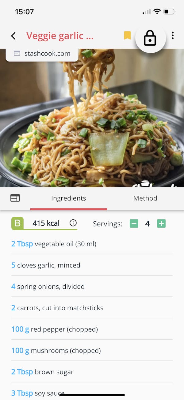 Recipe details in Stashcook with screen lock enabled