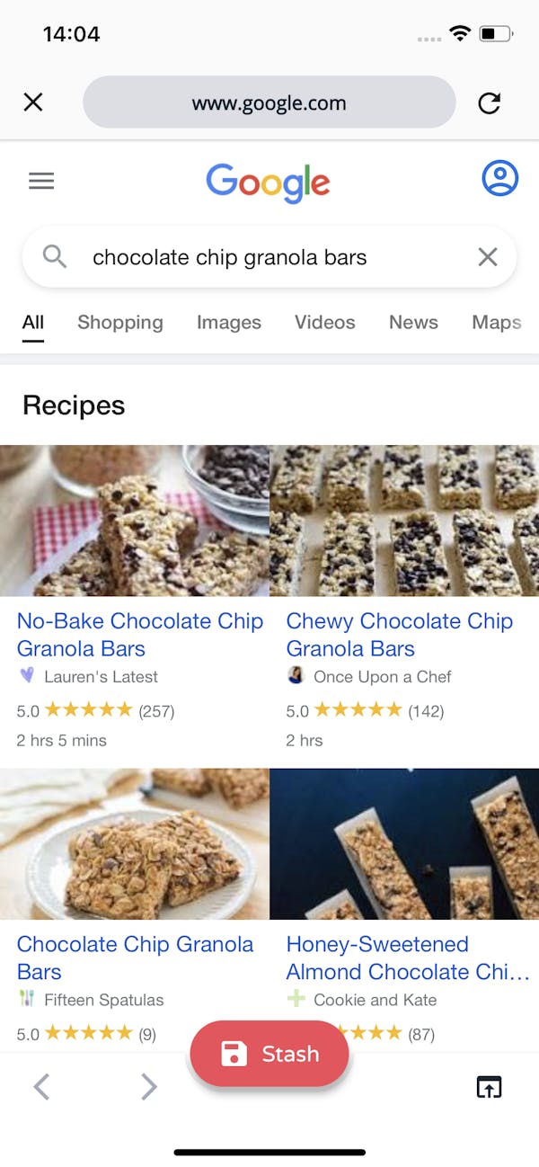 In app recipe search via the in-built Stashcook Browser