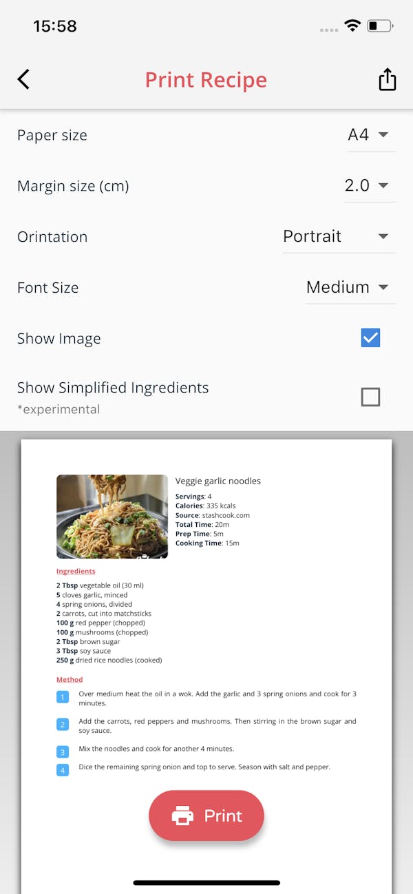 Print preview screen in the Stashcook meal planning app