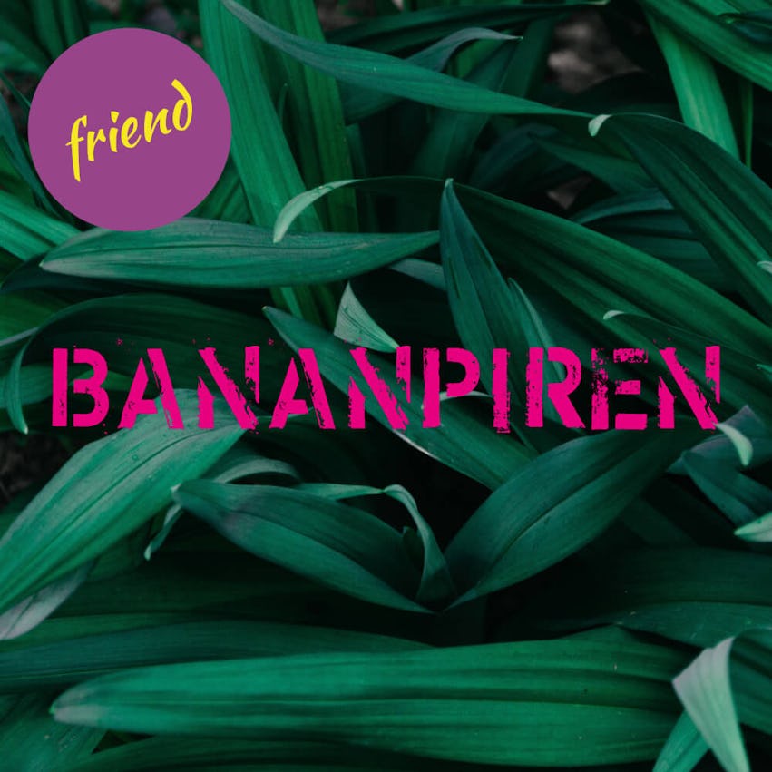 Bananpirens logotyp på blomstermönstrad bakgrund