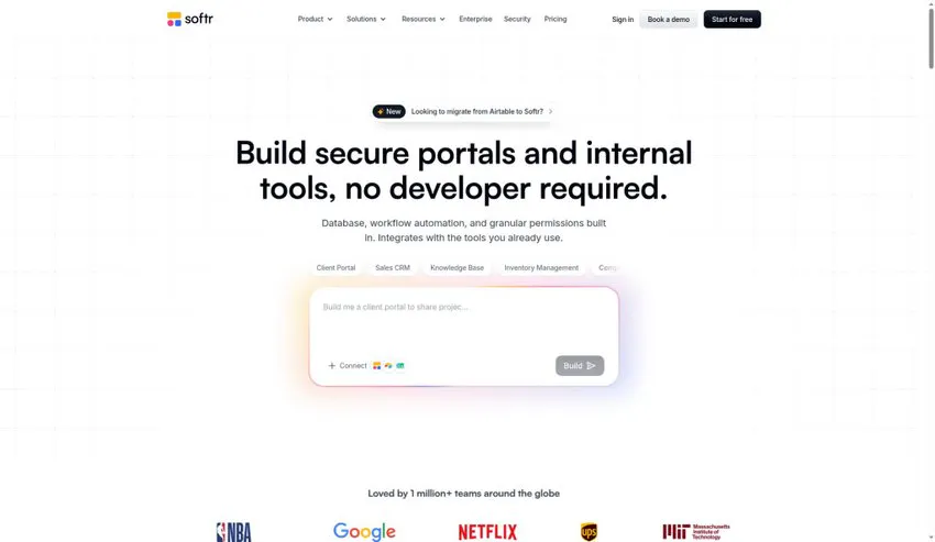 Softr homepage above the fold