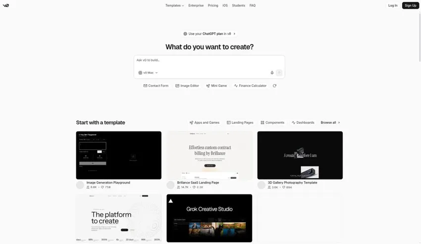 v0 by Vercel homepage above the fold