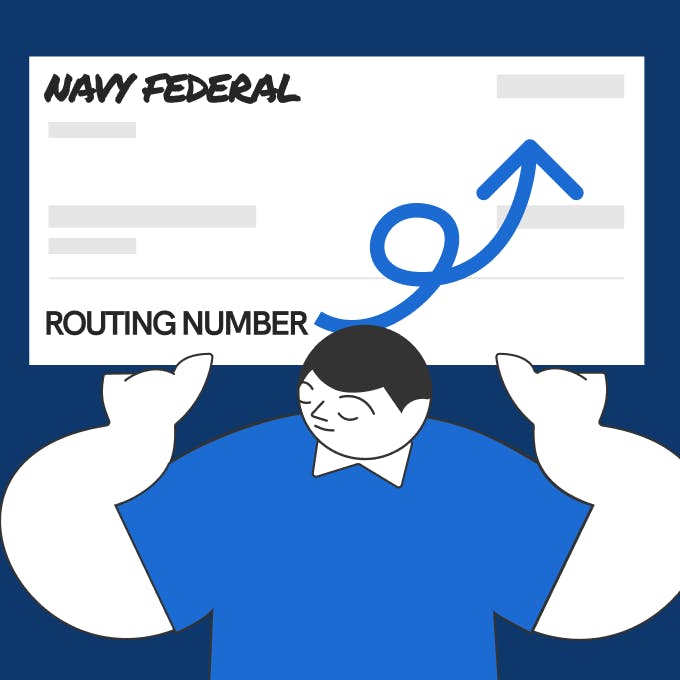 An illustration of a man holding a check showing a routing number by Navy Federal bank.