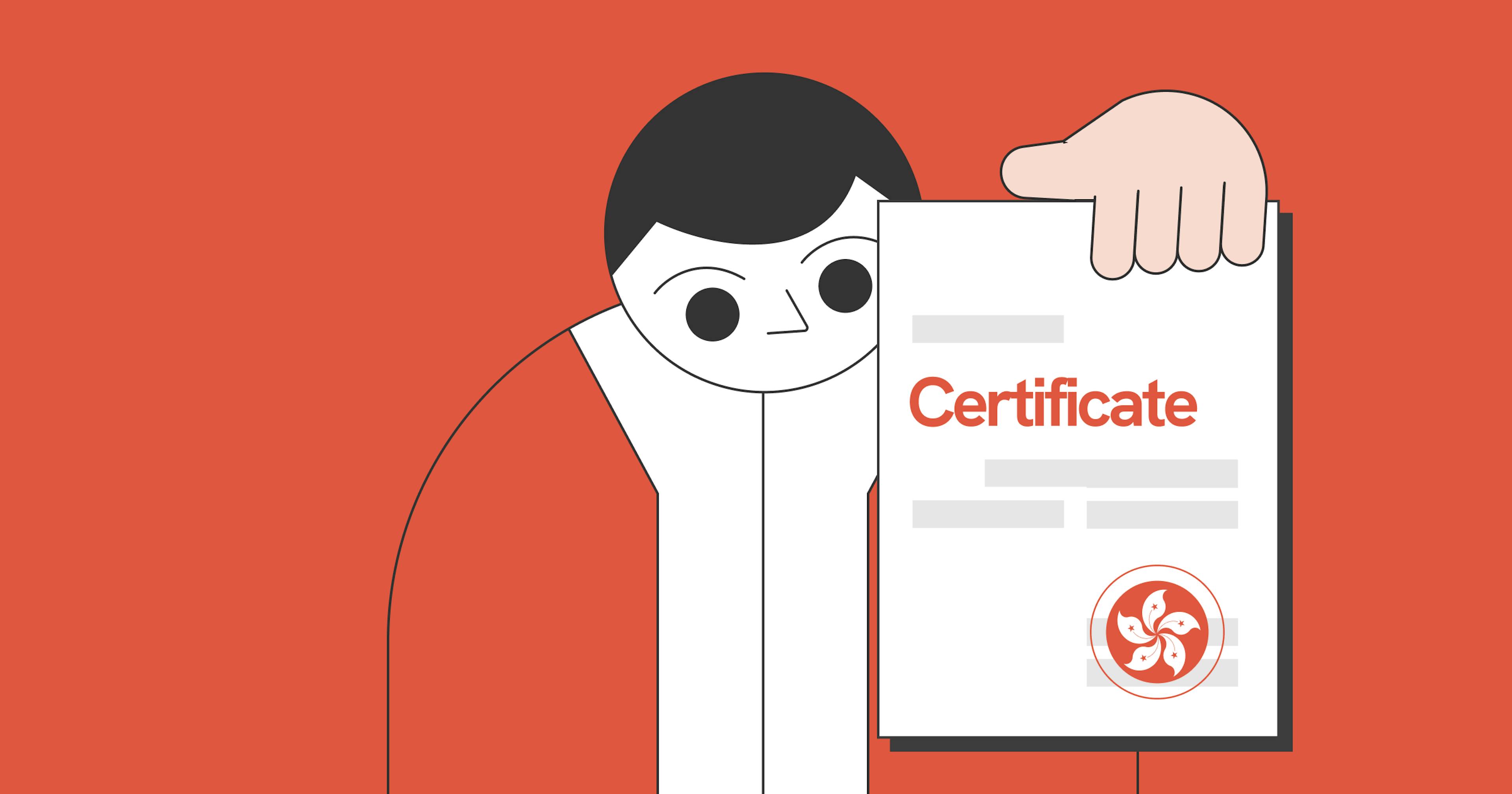 an illustration of statrys mascot holding a piece of paper that is titled certificate with a hong kong symbol