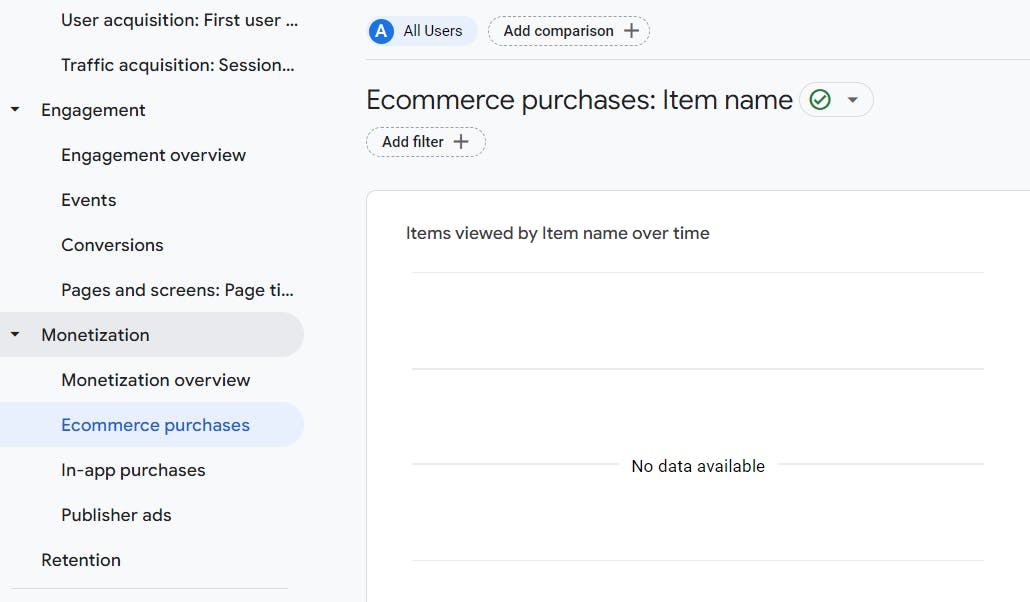 screenshot of ecommerce on Google analytics