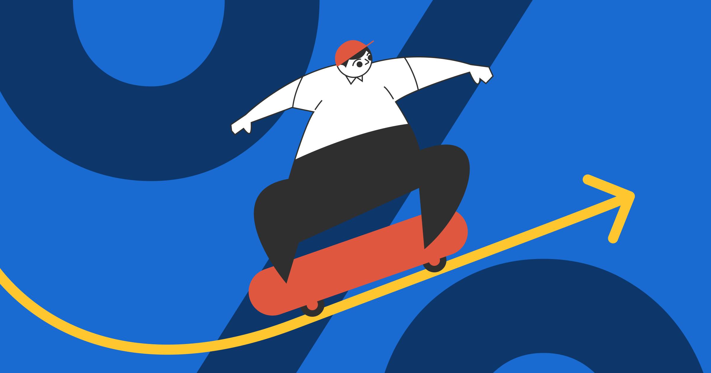 An illustrated man on a skateboard is in an upward motion, showing an increase in cash flow percentage in the background.