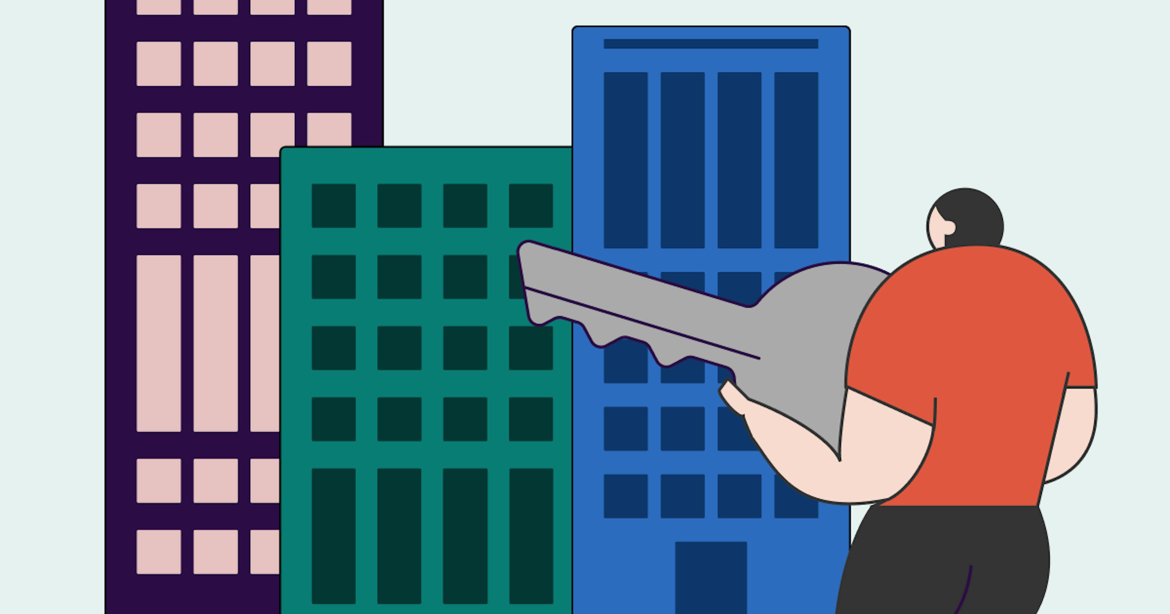 Illustration of a person holding a large key near high-rise buildings, symbolising Singapore real estate industry.