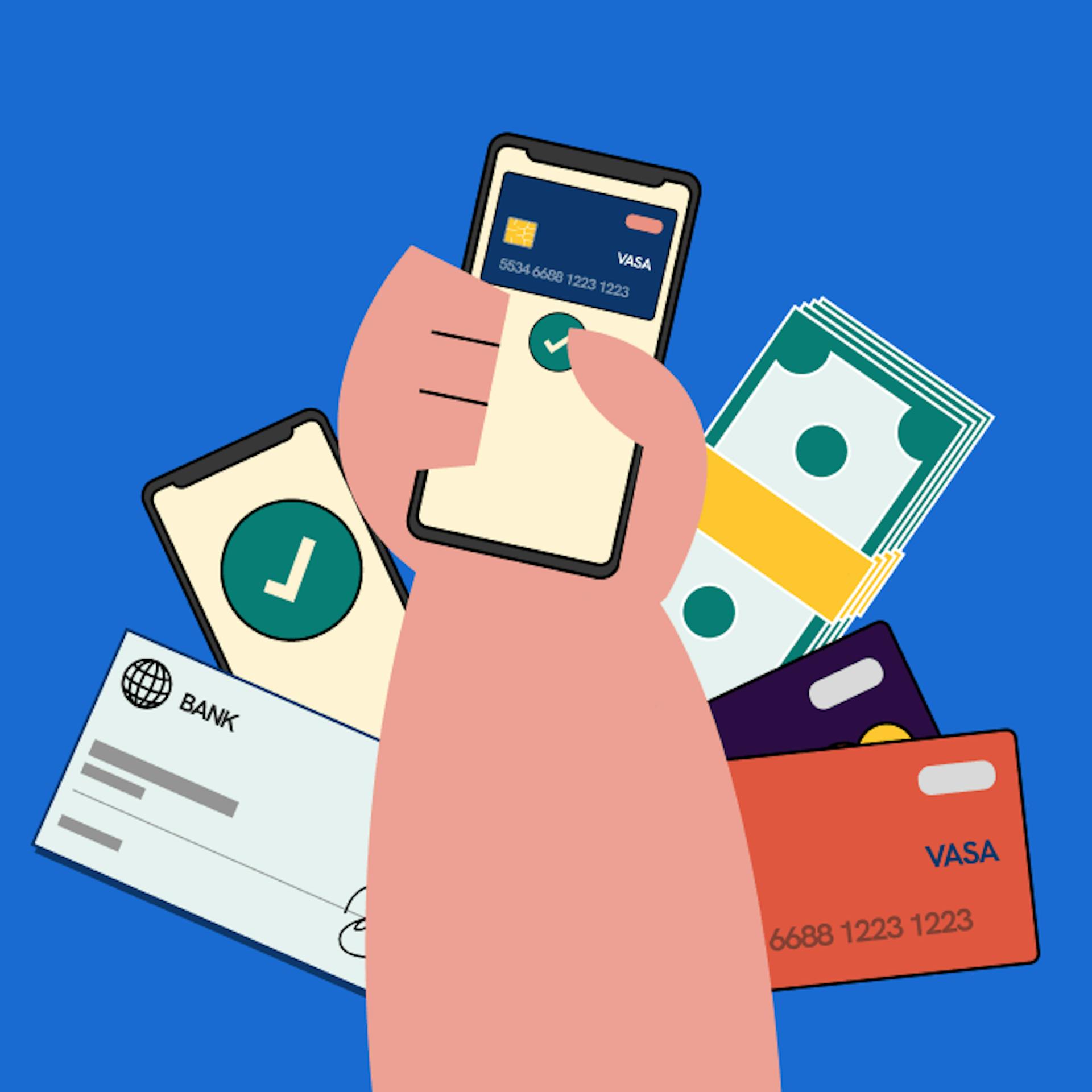 A hand using a device with capable of different payment methods 