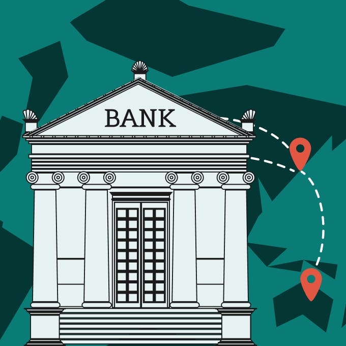 An illustration of a bank with a world map with different locations behind