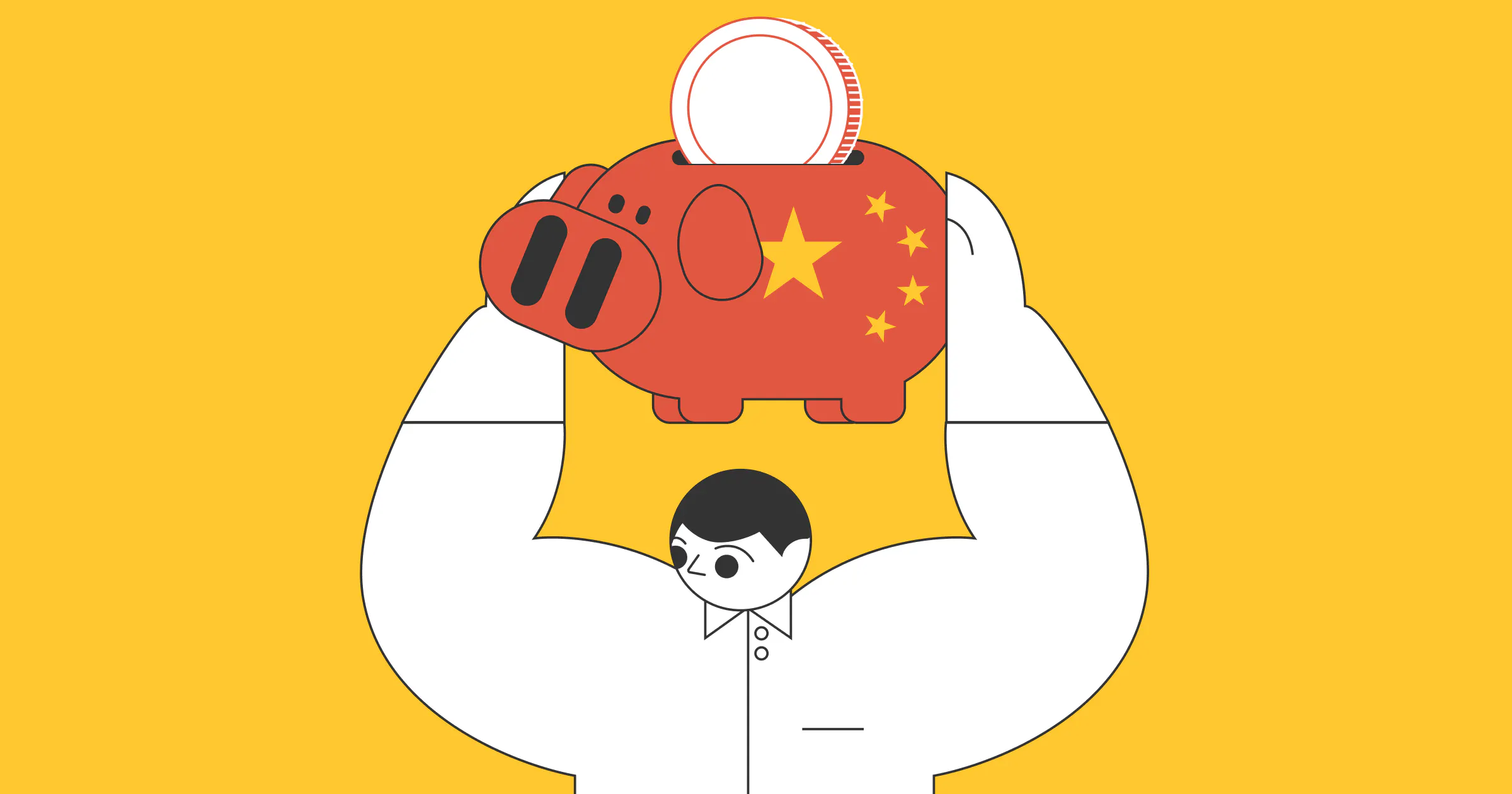 An illustrated man holding a piggy bank with China's flag