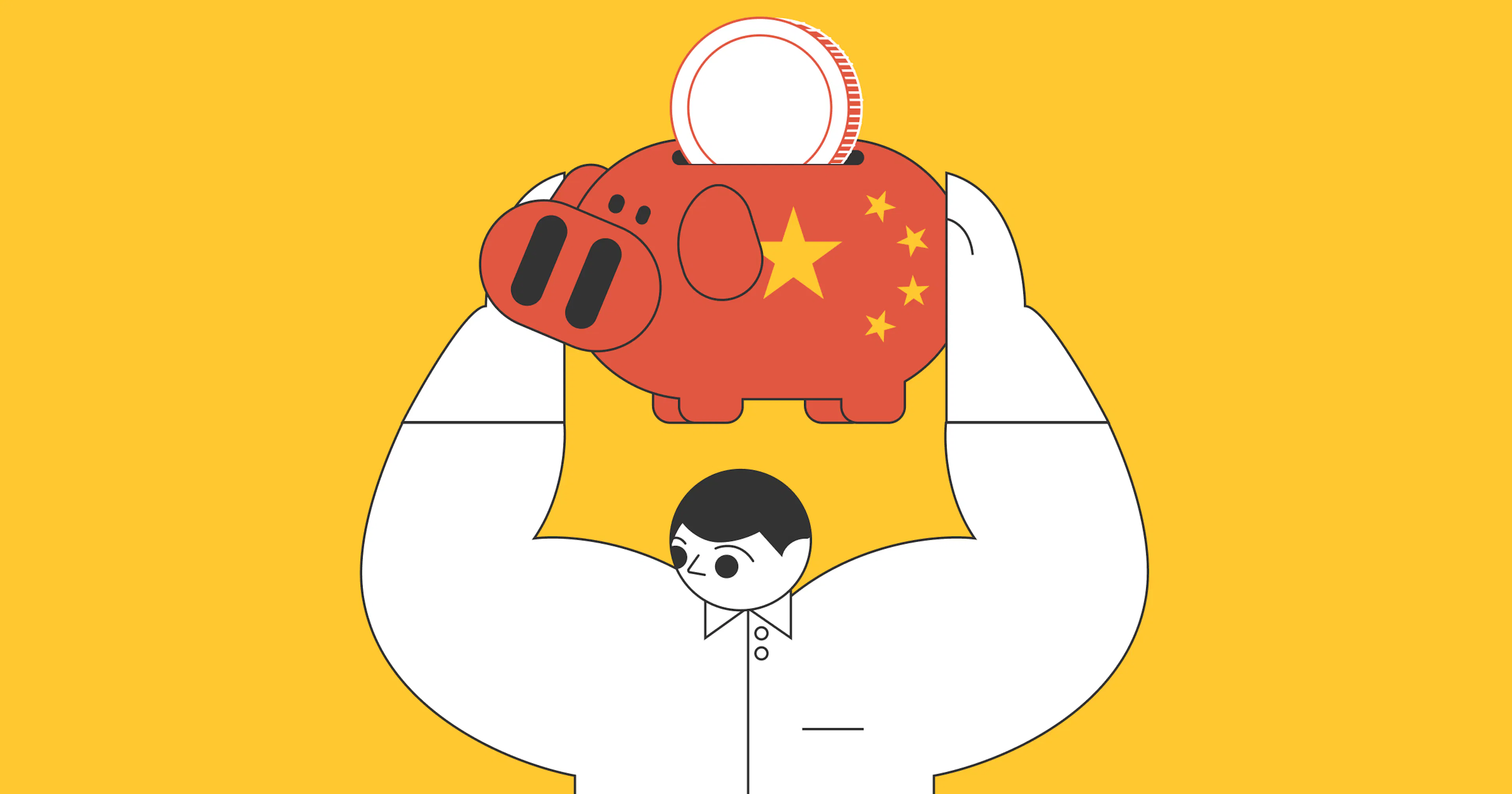 An illustrated man holding a piggy bank with China's flag
