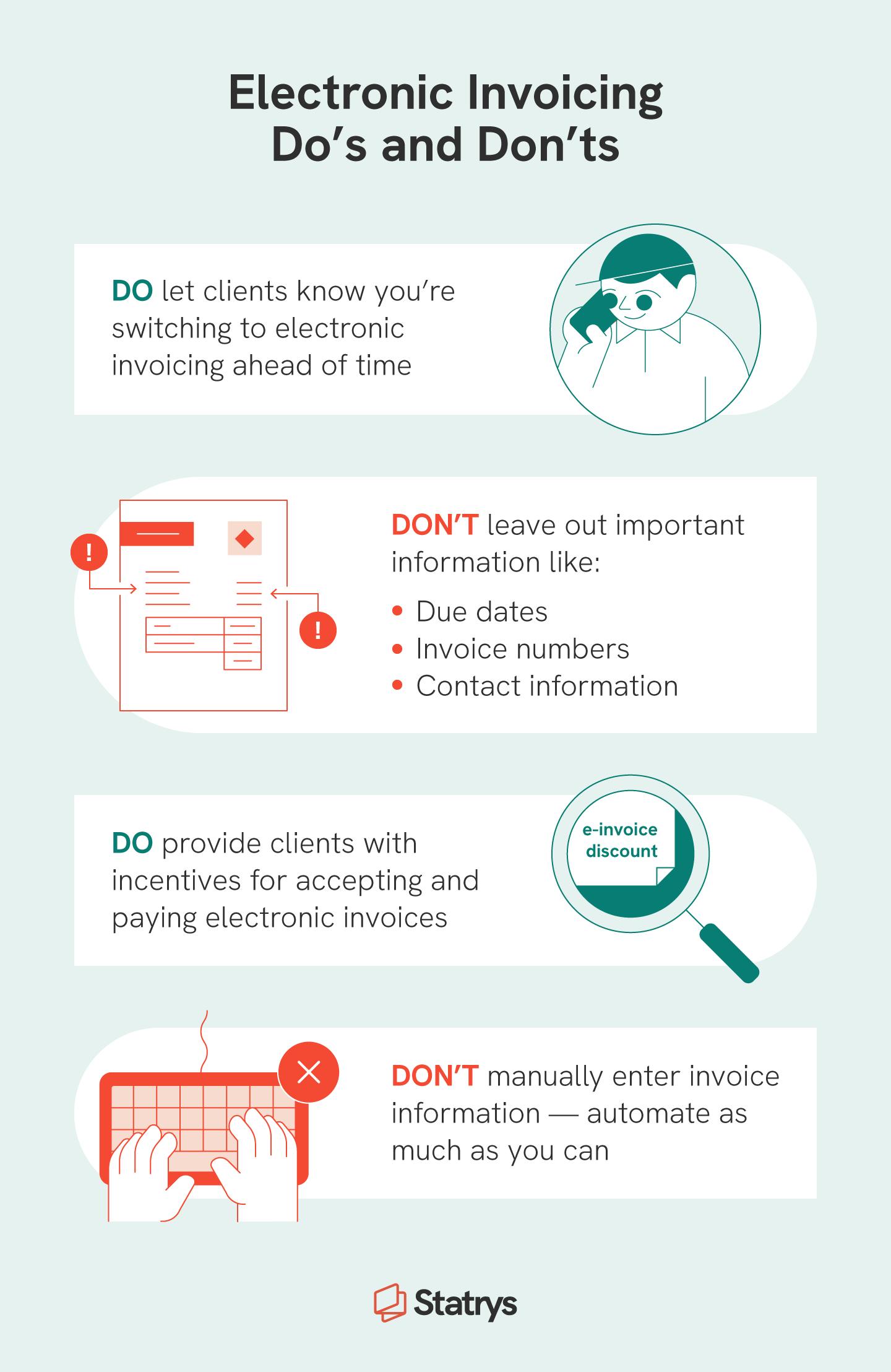  Illustrated chart with electronic invoice do’s and don’ts with illustrations of a person using a phone, an e-invoice, an invoice discount, and someone typing on a keyboard.