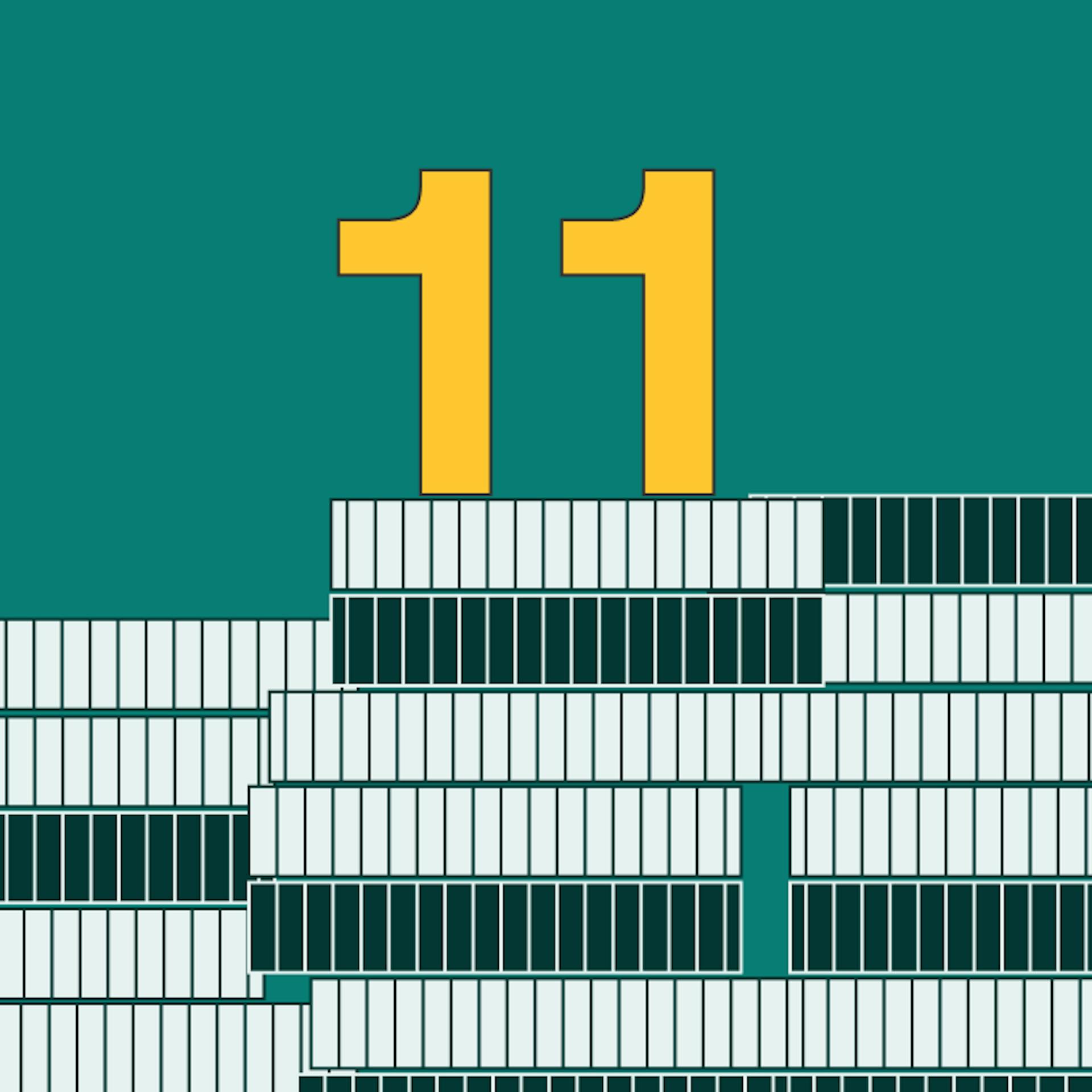 The number of 11 on top of a stack of coins illustrating different banks.