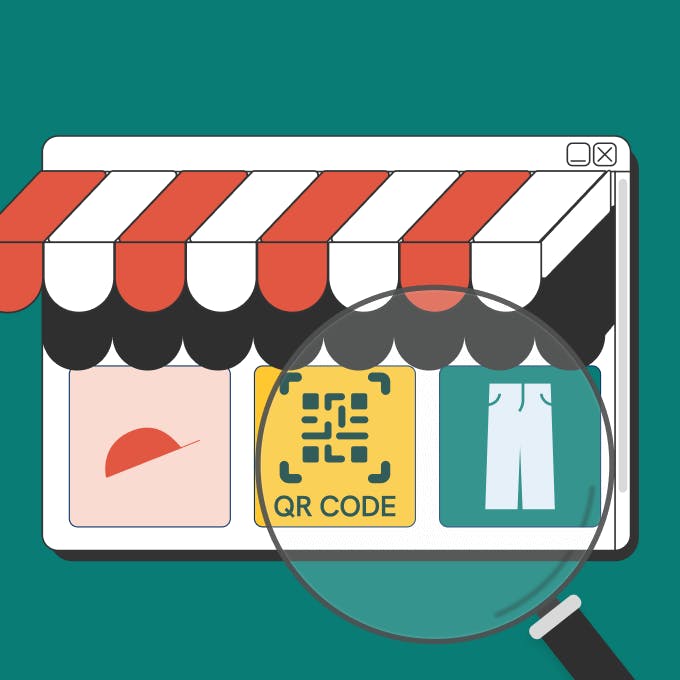A magnifying glass zoomed in a QR code on an ecommerce store