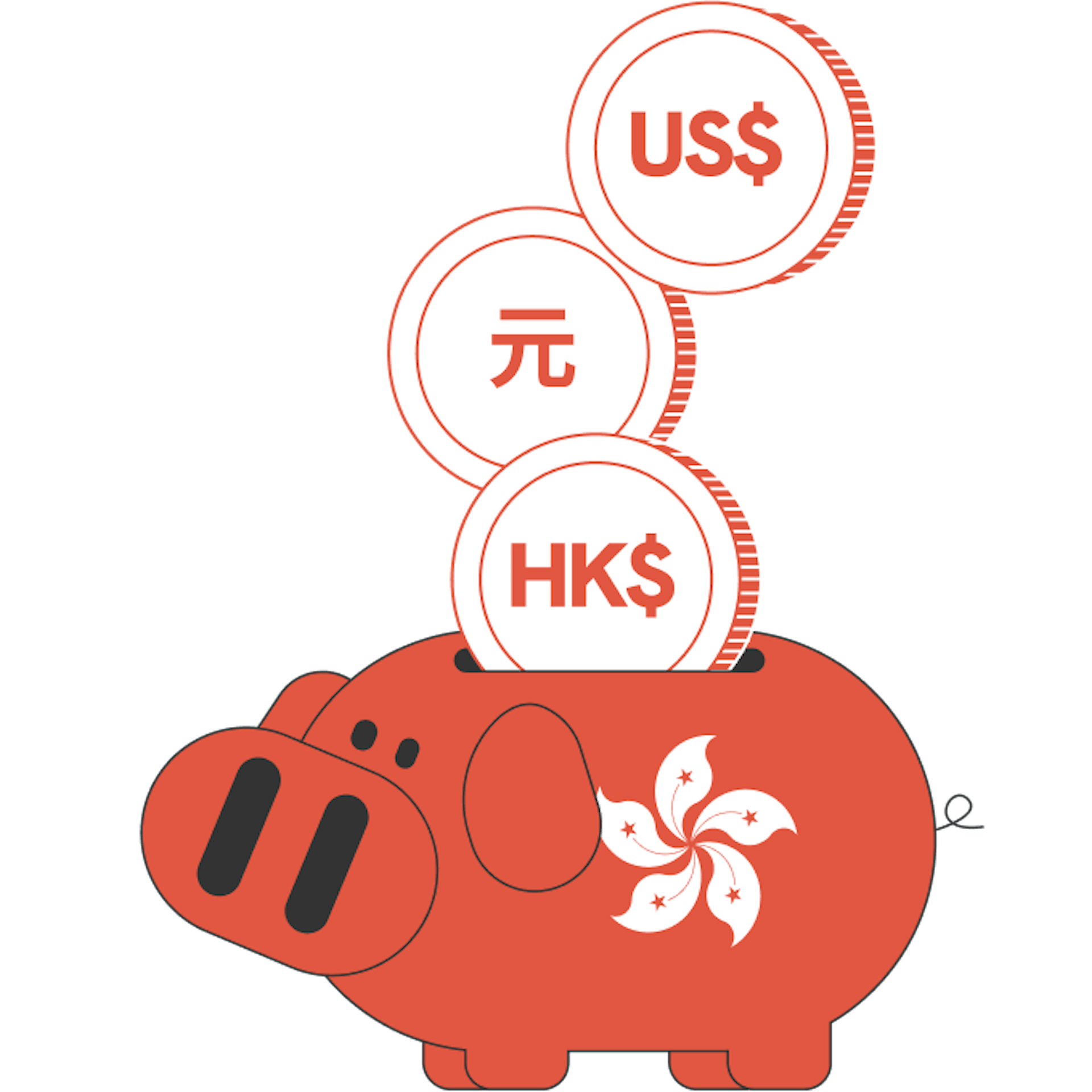 piggy bank with multiple currencies going in such as USD, HKD and Yuan. 