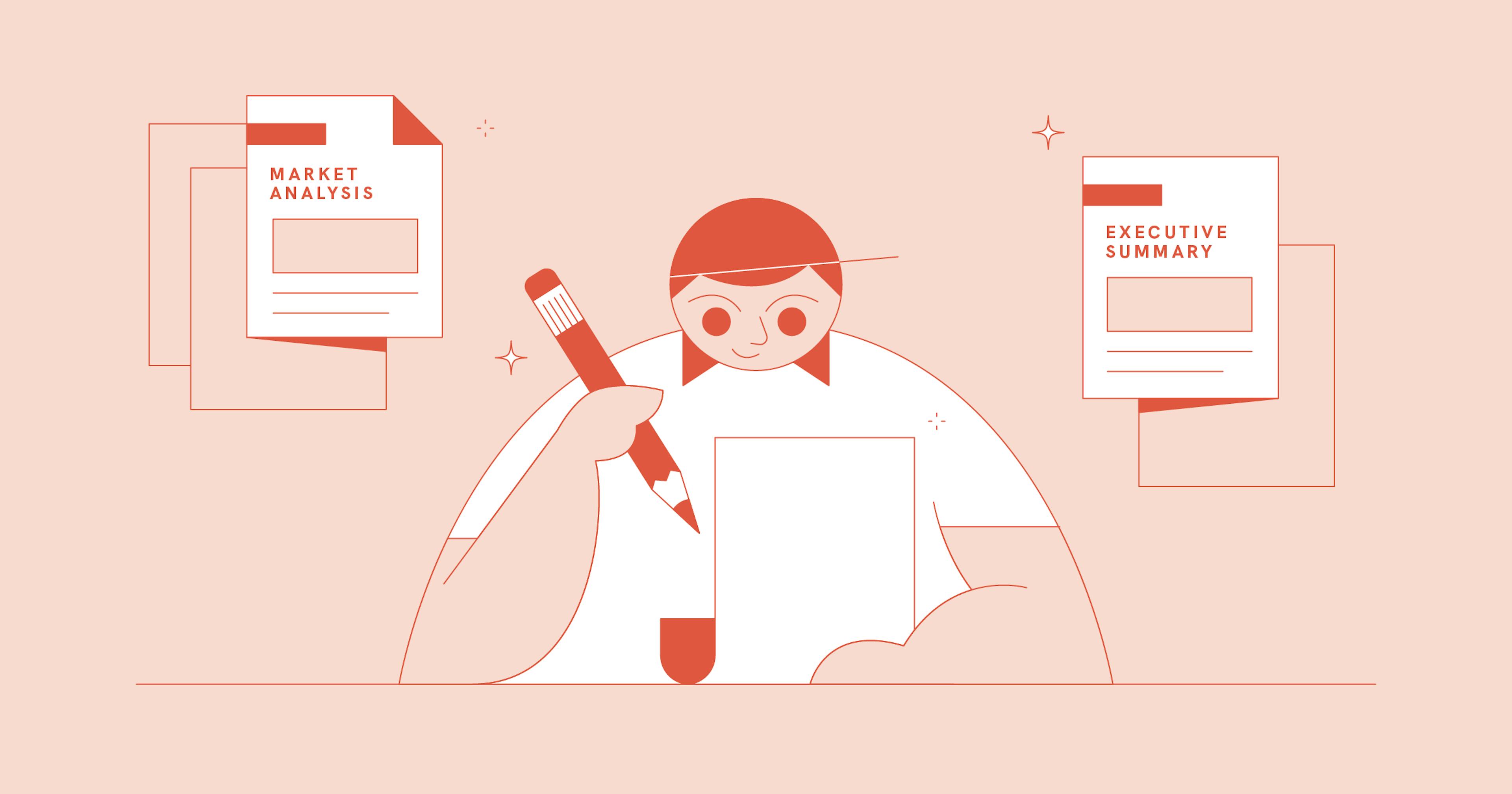 Illustration of a person filling out a business plan template with market analysis and executive summary pages around the person.