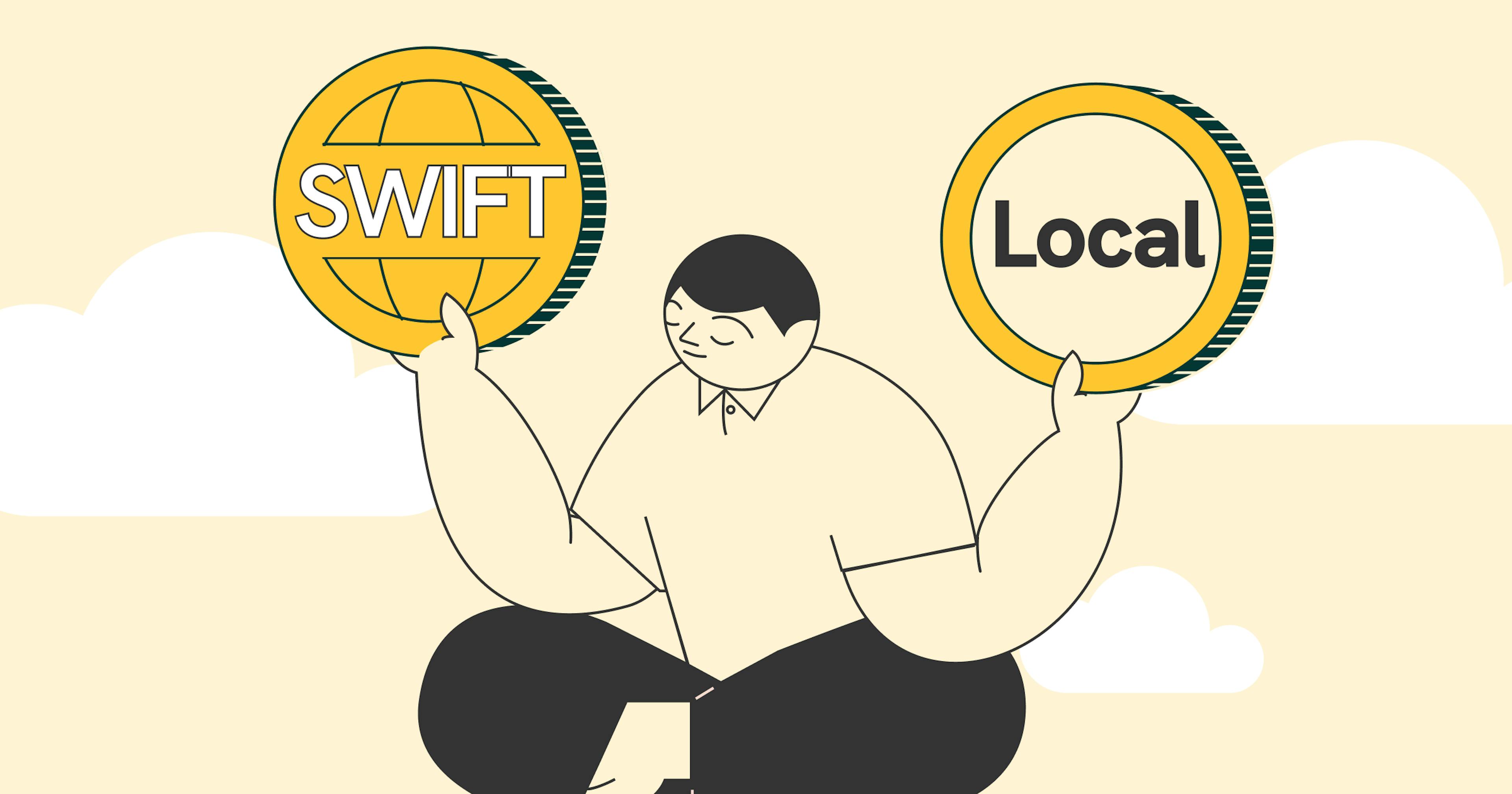 illustration of statrys mascot comparing swift vs local payments