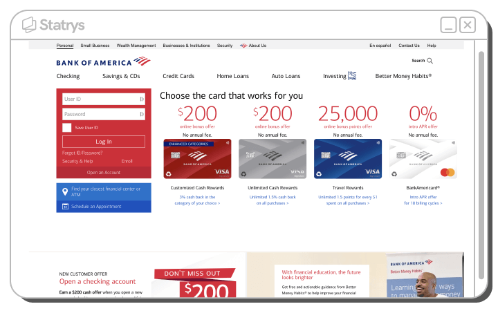 A screenshot of Bank of America's website