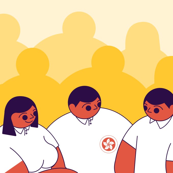 an illustration of three statrys mascots wearing white shirts with a hong kong flag standing in a group