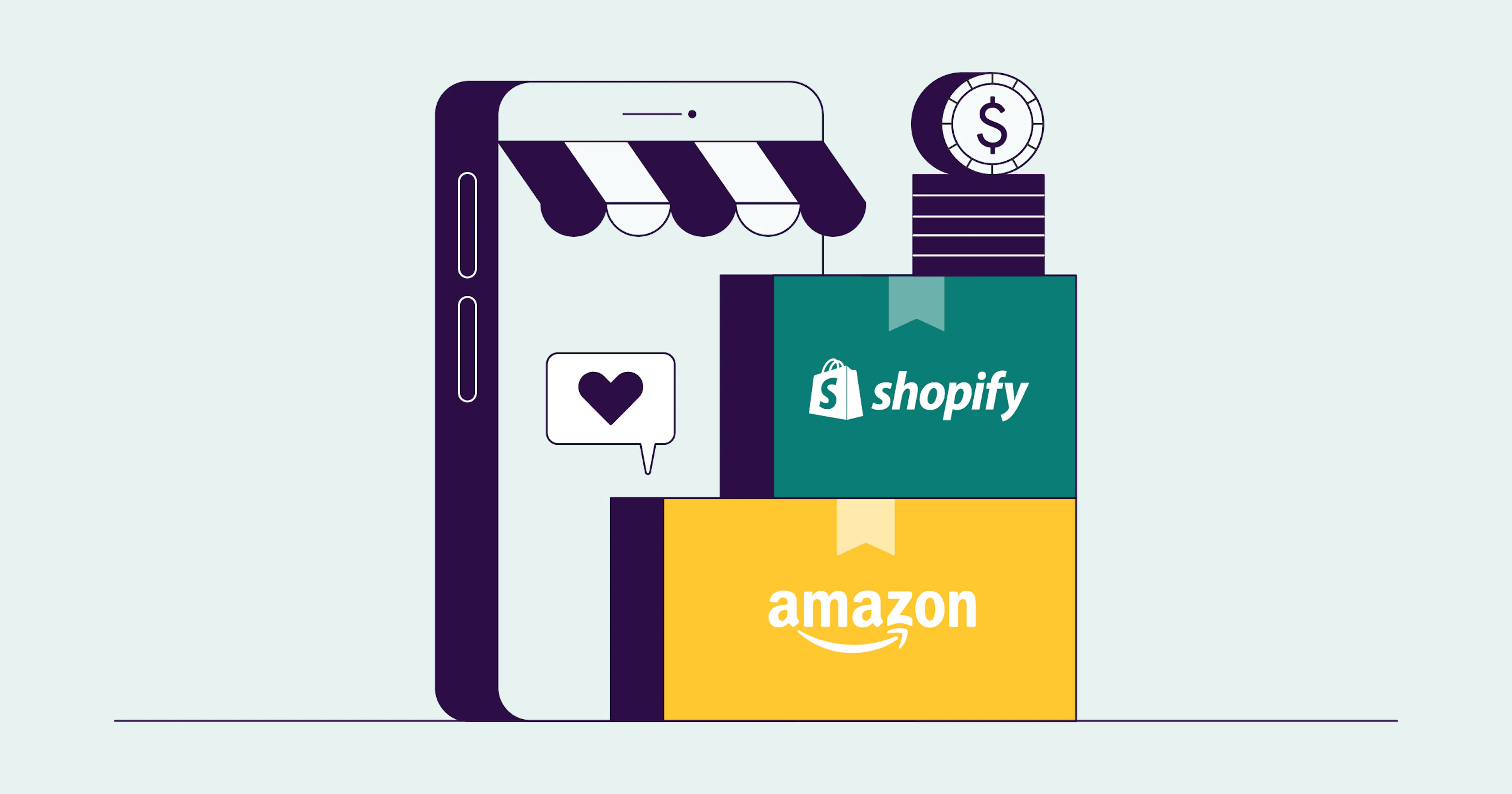  A smartphone with Shopify and Amazon boxes in front of it and a stack of coins resting on the boxes.