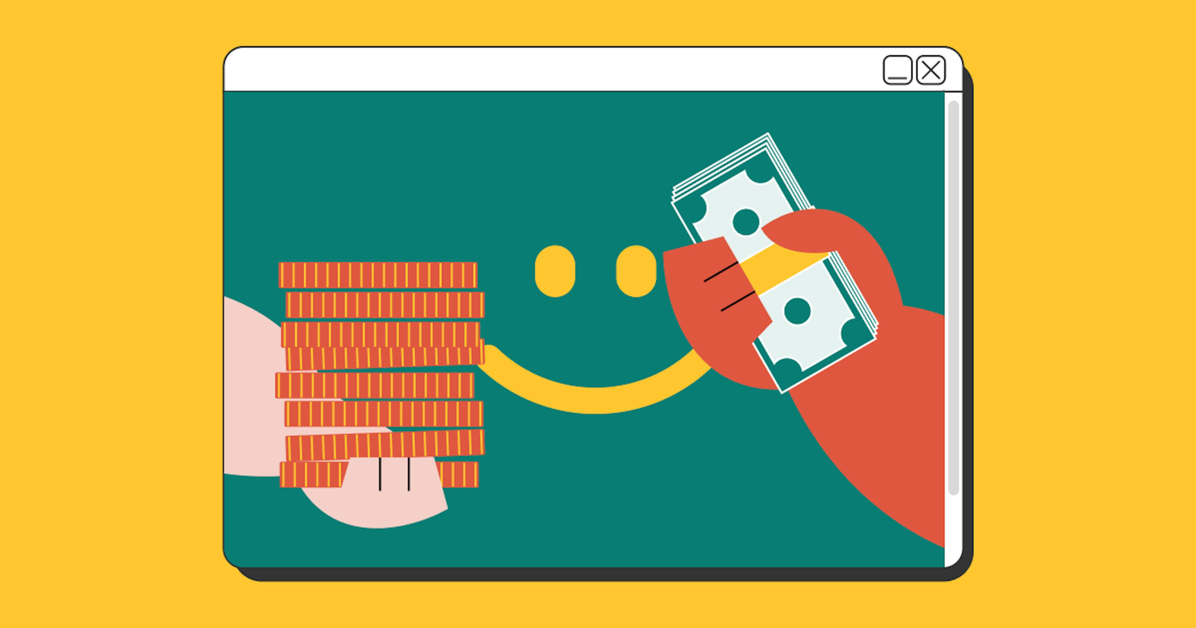 An illustrated website showing a pile of coins, paper cash, and forex platforms for trading.